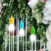 Decorative string lights with colorful bulbs hanging from greenery